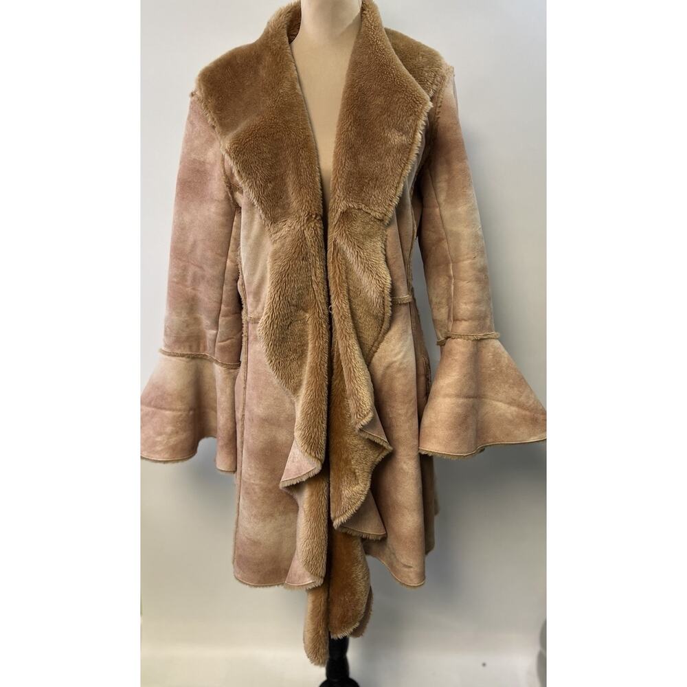 VTG Penny Lane Coat Sz 16 Faux Fur Suede Y2K Bell Sleeve Waterfall Front Boho 1X